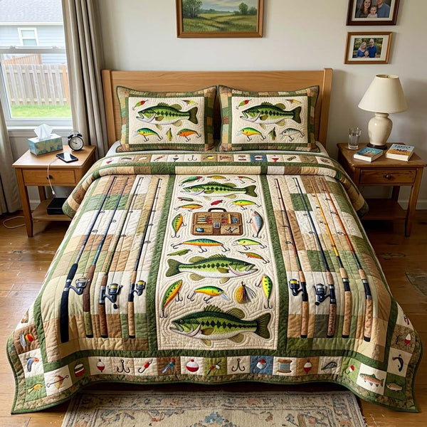 Bass Tackle quilted 3-piece bedding set on a made bed with two matching pillow shams