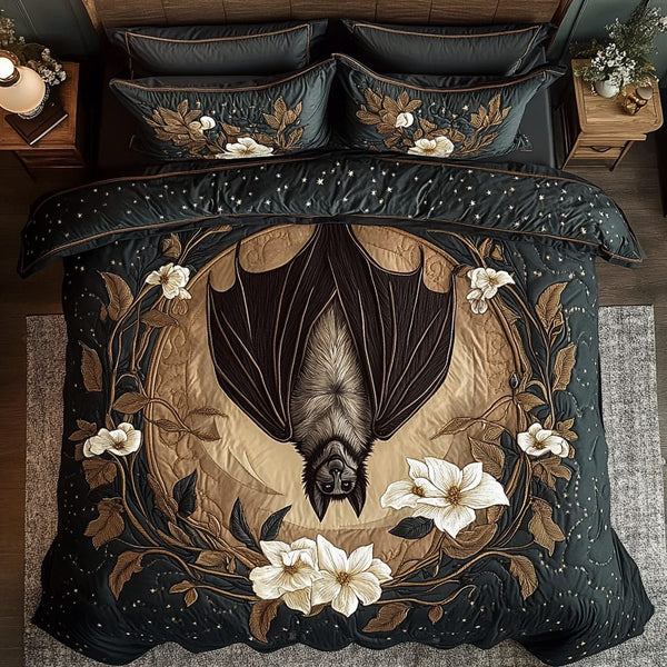 Bat Dreams quilted 3-piece bedding set on a made bed against a dark styled interior