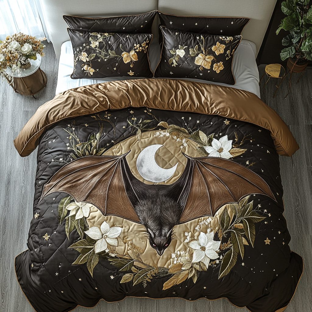 Bat Fantasy quilted 3-piece bedding set on a made bed against a dark styled interior
