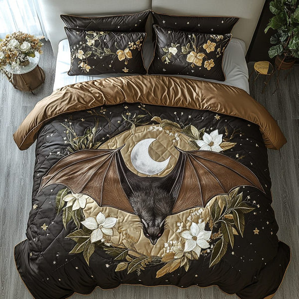 Bat Fantasy quilted 3-piece bedding set on a made bed against a dark styled interior