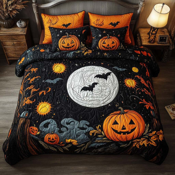 Bat Shadows quilted 3-piece bedding set on a made bed against a dark styled interior