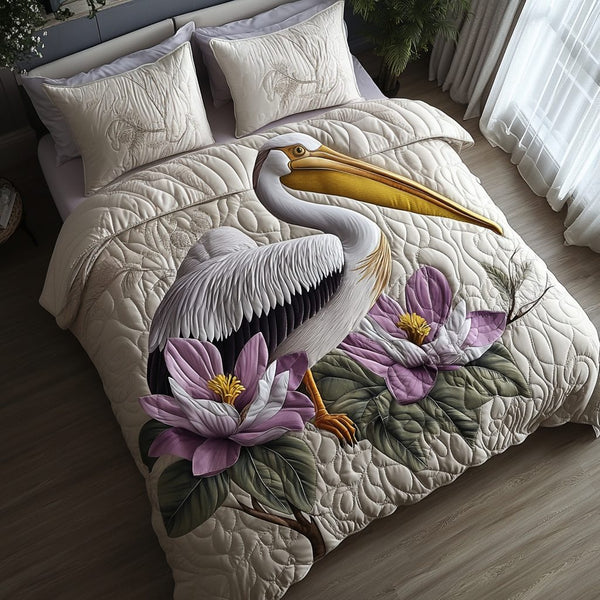 Bayou Blooms quilted 3-piece bedding set on a made bed with two matching pillow shams