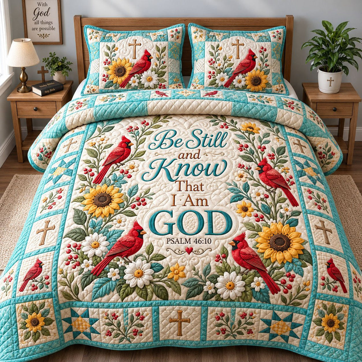Be Still and Know quilted 3-piece bedding set on a made bed with two matching pillow shams