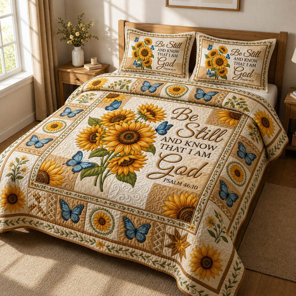 Be Still quilted 3-piece bedding set on a made bed with two matching pillow shams