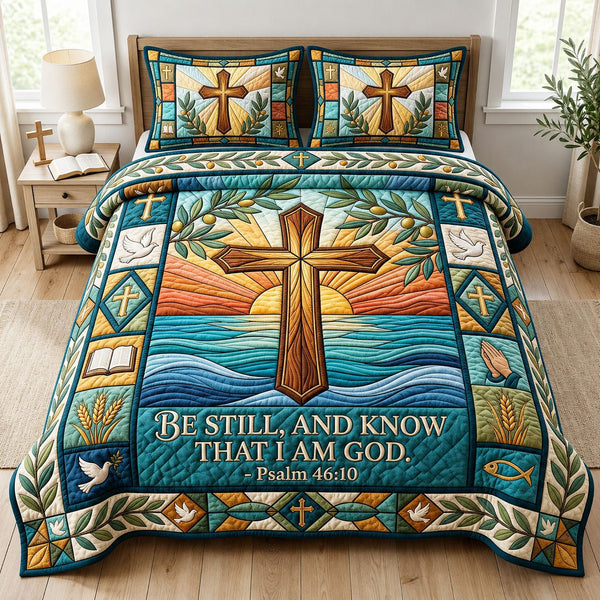 Be Still quilted 3-piece bedding set on a made bed with two matching pillow shams