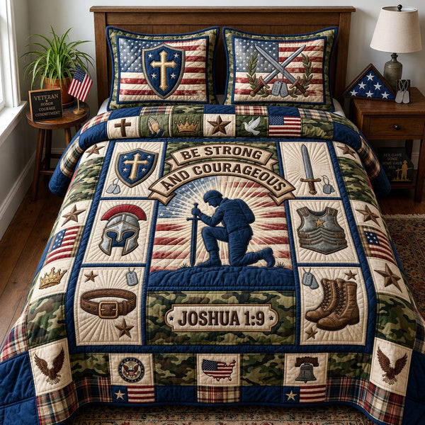 Be Strong And Courageous quilted 3-piece bedding set on a made bed with two matching pillow shams