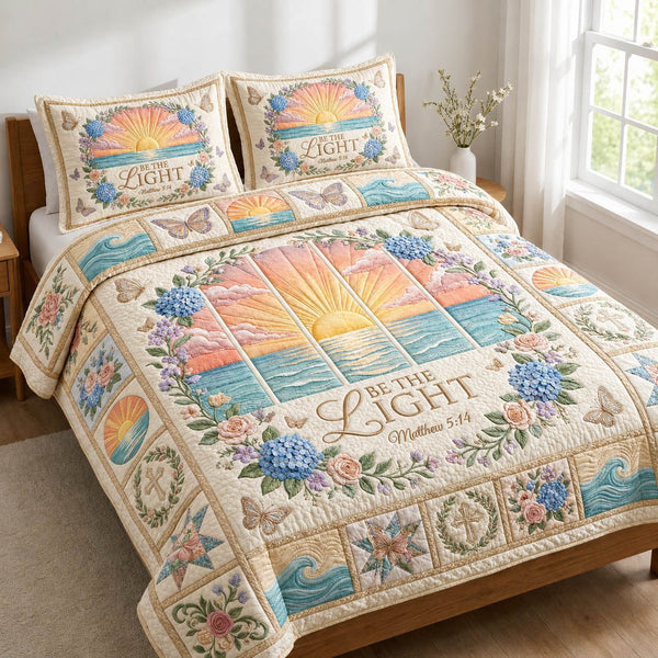 Be The Light Matthew quilted 3-piece bedding set on a made bed with two matching pillow shams