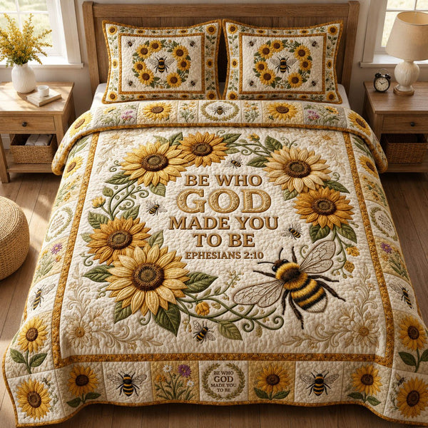 Be Who God Made You To Be quilted 3-piece bedding set on a made bed in a softly lit bedroom
