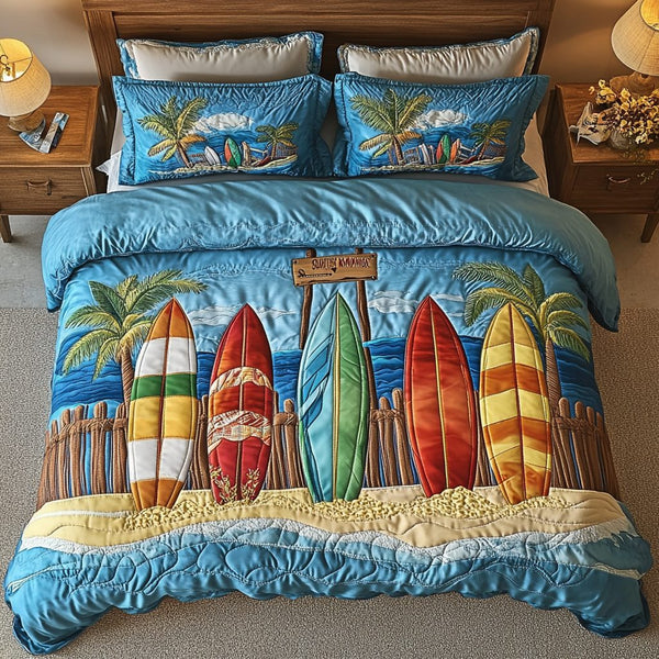 Beach Bliss quilted 3-piece bedding set on a made bed in a light coastal bedroom