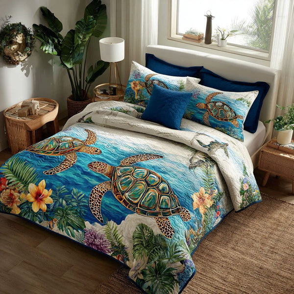 Beach Bloom quilted 3-piece bedding set on a made bed in a light coastal bedroom