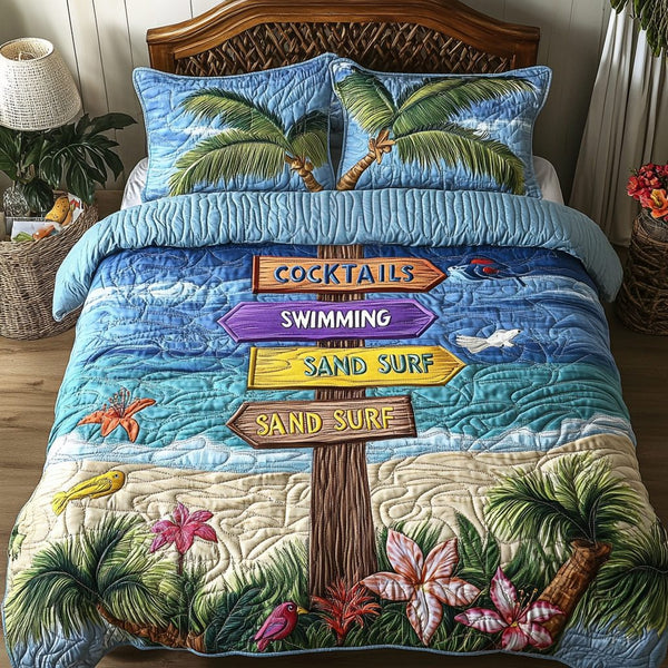 Beach Bloom quilted 3-piece bedding set on a made bed in a light coastal bedroom