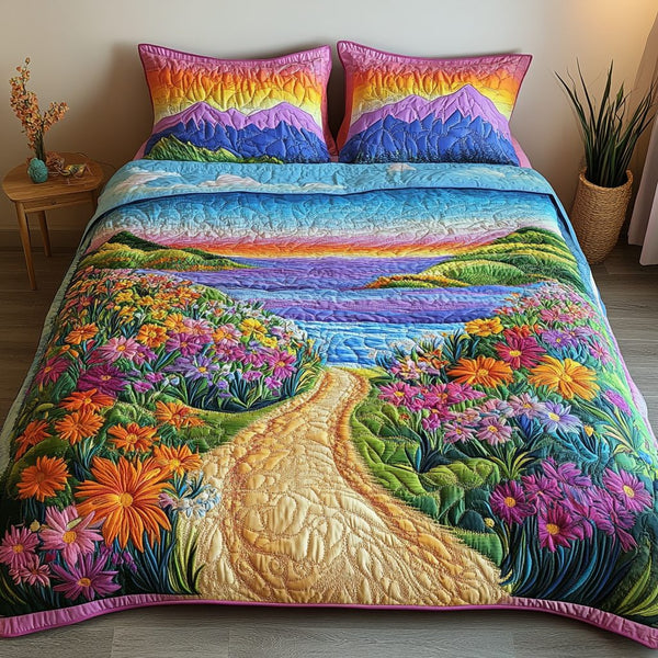 Beach Blossom quilted 3-piece bedding set on a made bed in a light coastal bedroom