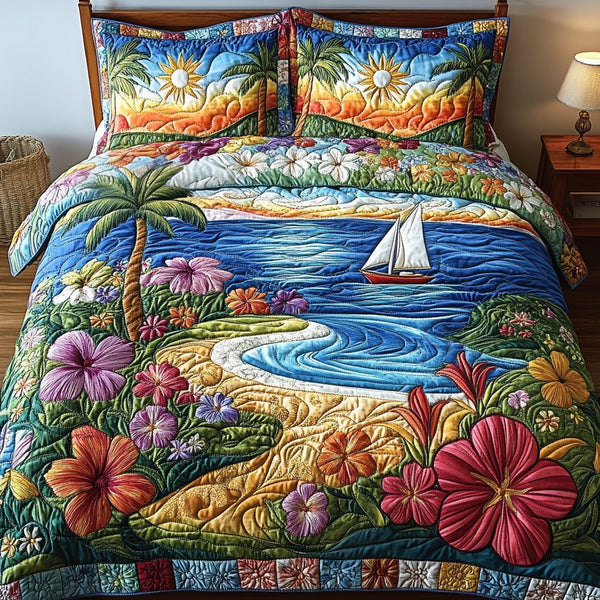 Beach Blossom quilted 3-piece bedding set on a made bed in a light coastal bedroom