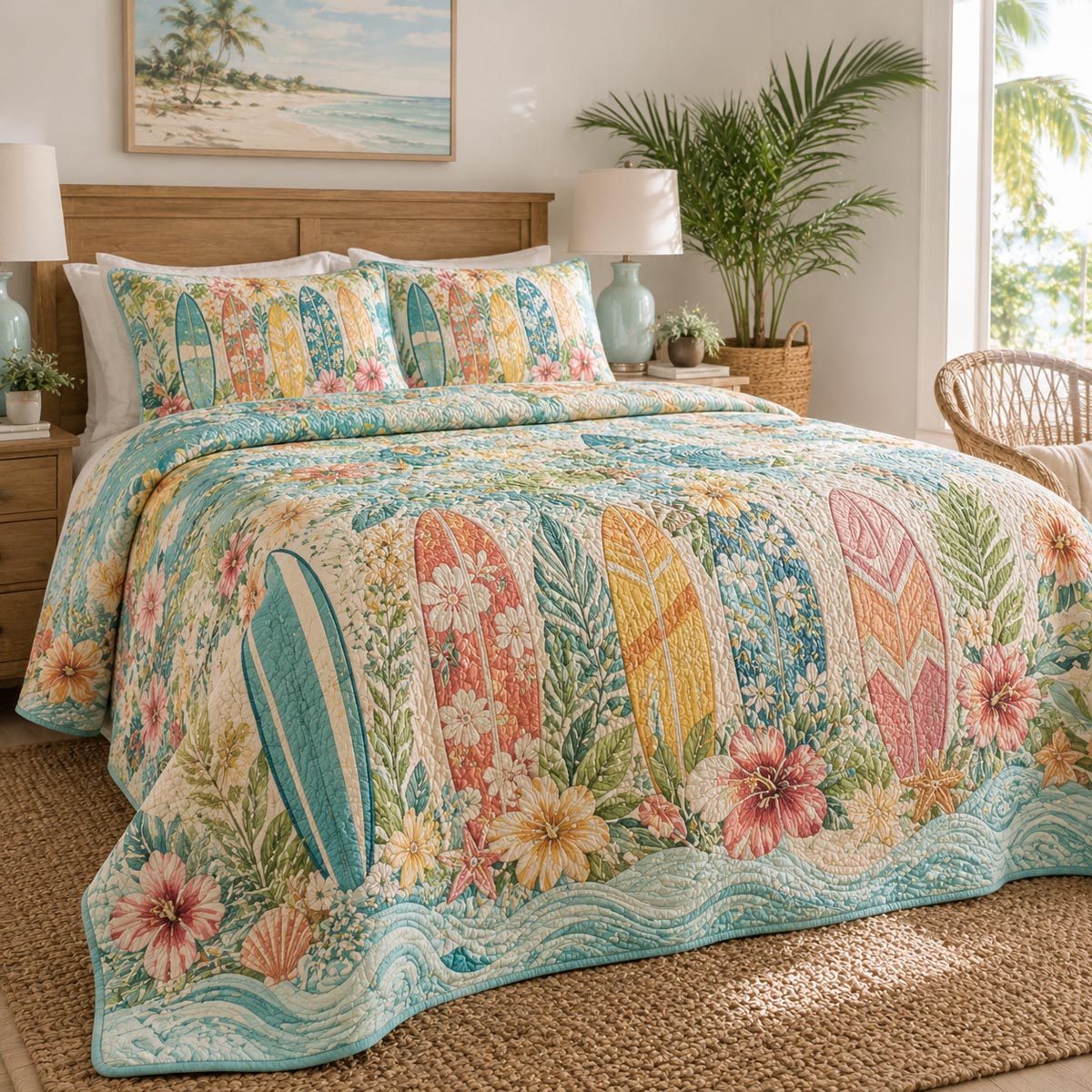 Beach Board Paradise quilted 3-piece bedding set on a made bed in a light coastal bedroom