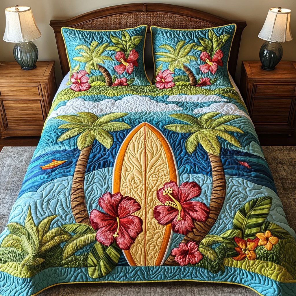 Beach Bound quilted 3-piece bedding set on a made bed in a light coastal bedroom