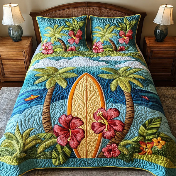 Beach Bound quilted 3-piece bedding set on a made bed in a light coastal bedroom