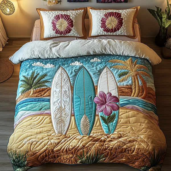 Beach Breaker quilted 3-piece bedding set on a made bed in a light coastal bedroom
