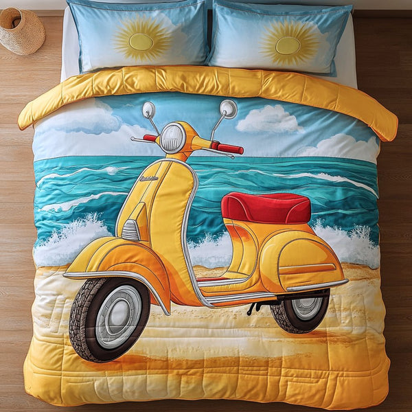 Beach Breeze quilted 3-piece bedding set on a made bed in a light coastal bedroom