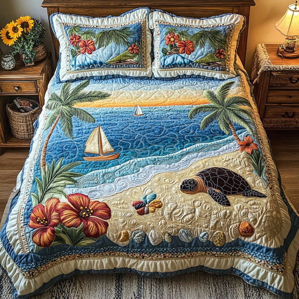 Beach Breeze quilted 3-piece bedding set on a made bed in a light coastal bedroom