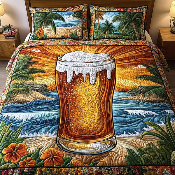 Beach Brew quilted 3-piece bedding set on a made bed in a light coastal bedroom