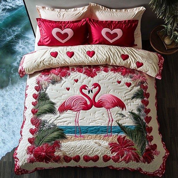 Beach Bum Lovebirds quilted 3-piece bedding set on a made bed in a light coastal bedroom