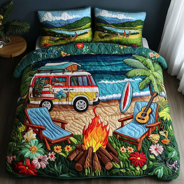 Beach Calm quilted 3-piece bedding set on a made bed in a light coastal bedroom