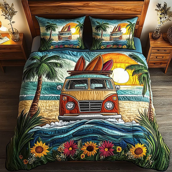 Beach Camper quilted 3-piece bedding set on a made bed in a light coastal bedroom