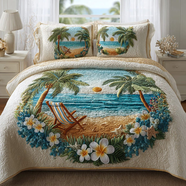 Beach Chair quilted 3-piece bedding set on a made bed in a light coastal bedroom