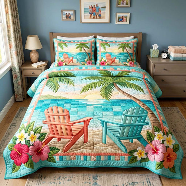 Beach Chairs quilted 3-piece bedding set on a made bed in a light coastal bedroom
