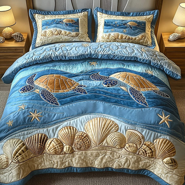 Beach Dream quilted 3-piece bedding set on a made bed in a light coastal bedroom