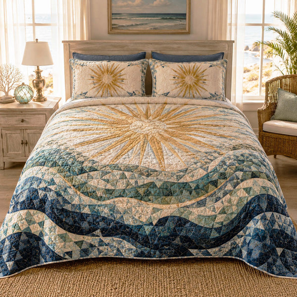 Beach Dreams quilted 3-piece bedding set on a made bed in a light coastal bedroom