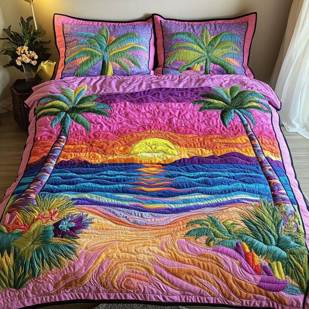 Beach Dreams quilted 3-piece bedding set on a made bed in a light coastal bedroom