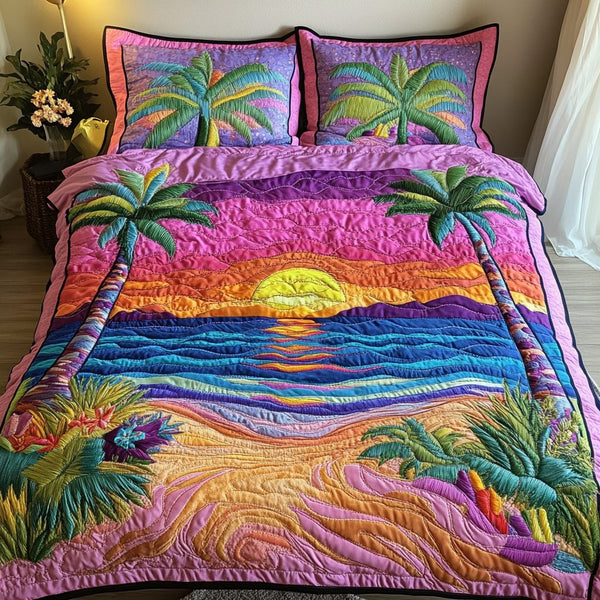 Beach Dreams quilted 3-piece bedding set on a made bed in a light coastal bedroom