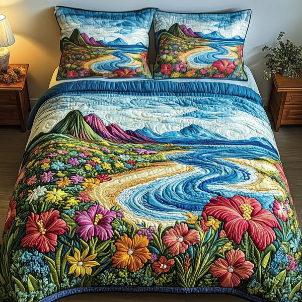 Beach Dreams quilted 3-piece bedding set on a made bed in a light coastal bedroom