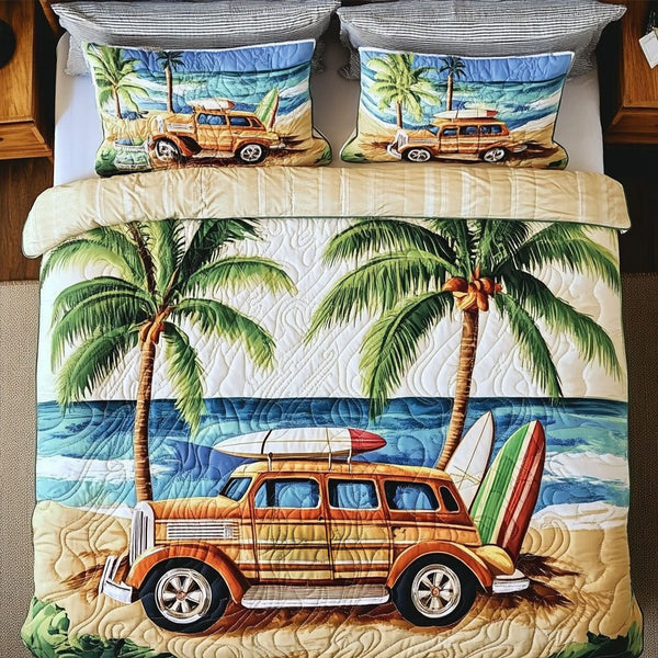 Beach Drive Vibes quilted 3-piece bedding set on a made bed in a light coastal bedroom