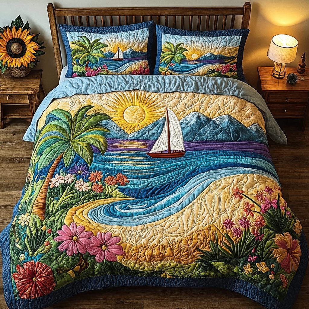 Beach Escape quilted 3-piece bedding set on a made bed in a light coastal bedroom