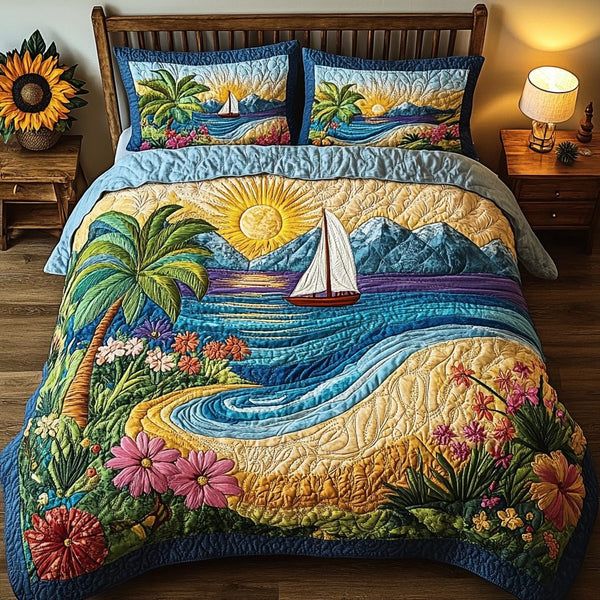 Beach Escape quilted 3-piece bedding set on a made bed in a light coastal bedroom