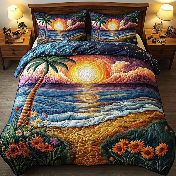 Beach Escape quilted 3-piece bedding set on a made bed in a light coastal bedroom