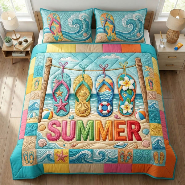 Beach Flip Flops quilted 3-piece bedding set on a made bed in a light coastal bedroom