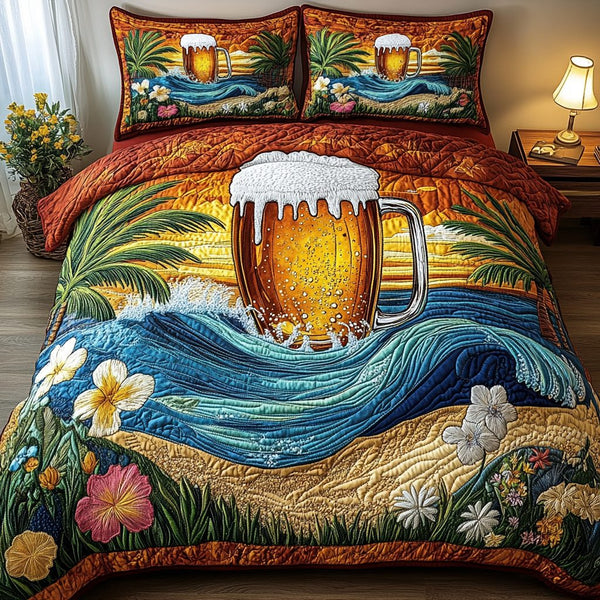 Beach Glass quilted 3-piece bedding set on a made bed in a light coastal bedroom