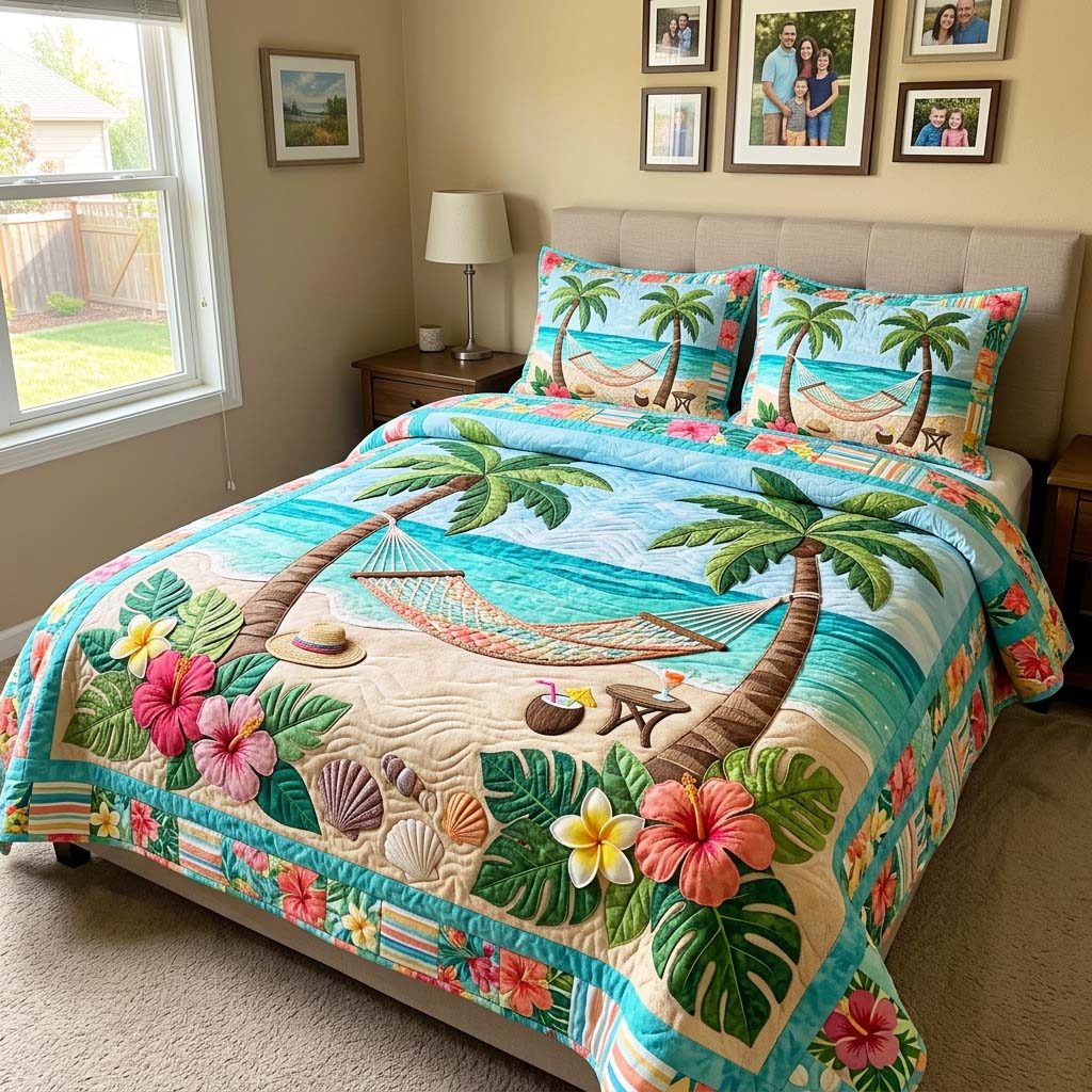 Beach Hammock quilted 3-piece bedding set on a made bed in a light coastal bedroom