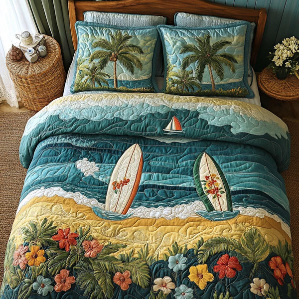 Beach Haven quilted 3-piece bedding set on a made bed in a light coastal bedroom