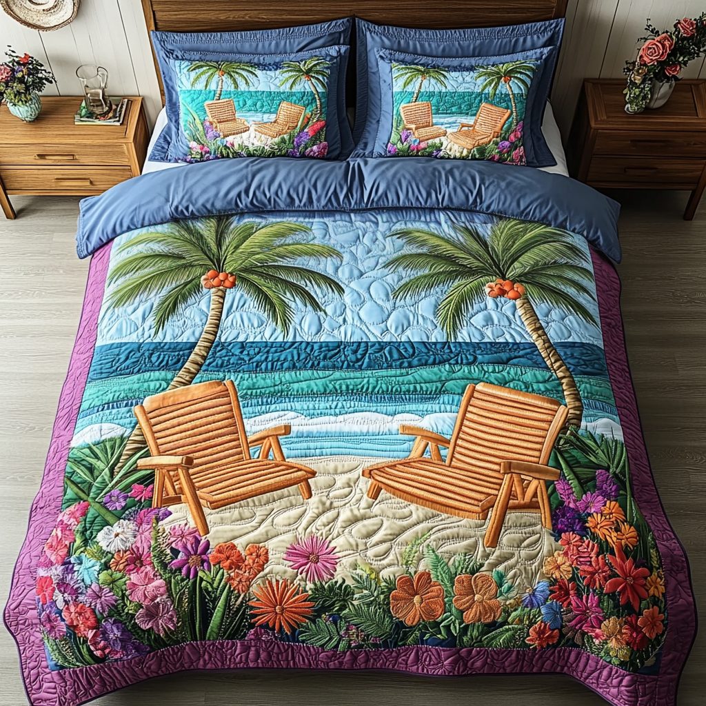 Beach Haven quilted 3-piece bedding set on a made bed in a light coastal bedroom