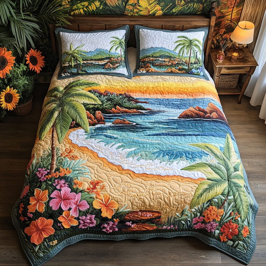 Beach Haven quilted 3-piece bedding set on a made bed in a light coastal bedroom
