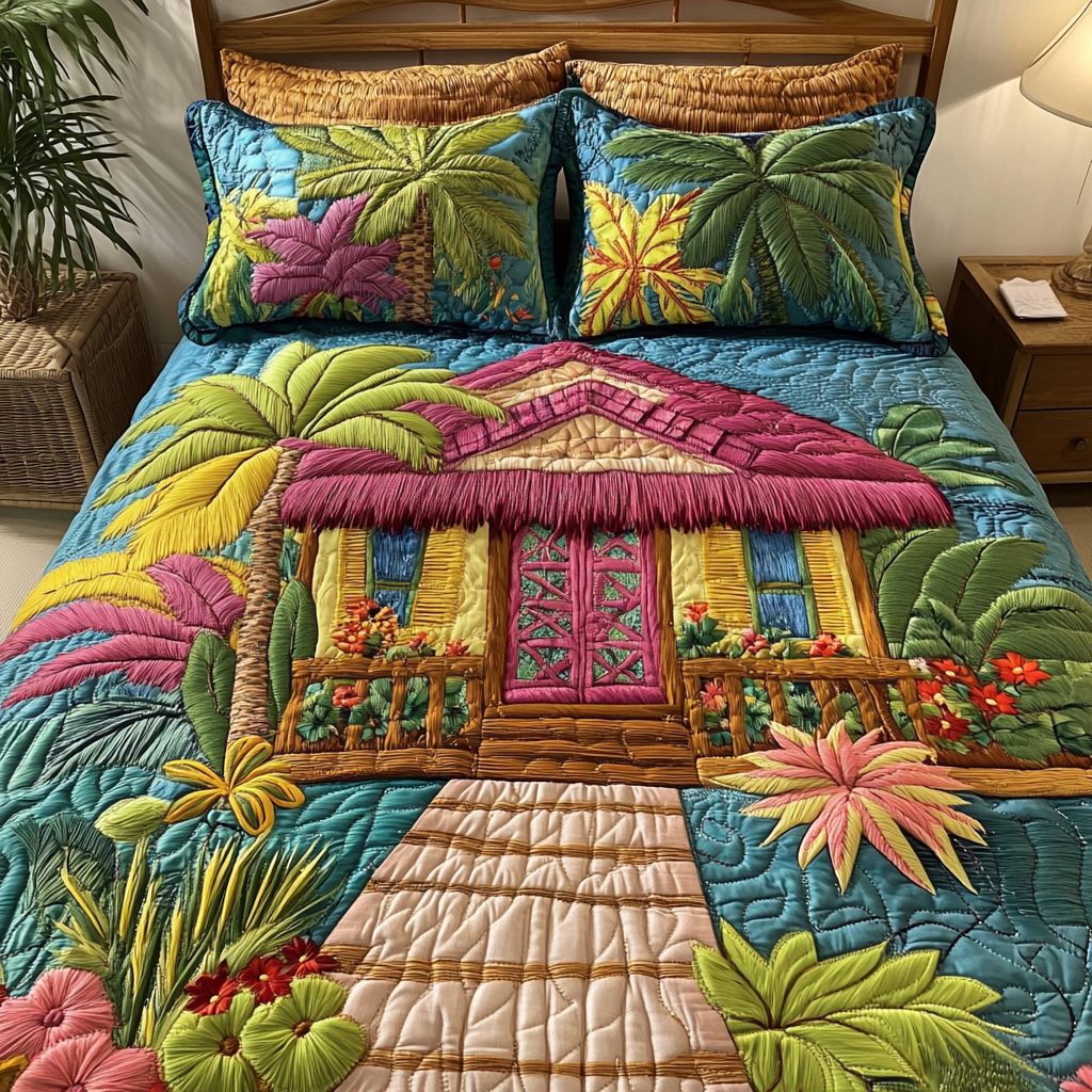 Beach House quilted 3-piece bedding set on a made bed in a light coastal bedroom