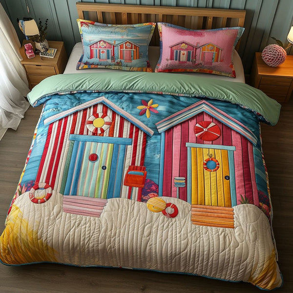 Beach Hut Escape quilted 3-piece bedding set on a made bed in a light coastal bedroom
