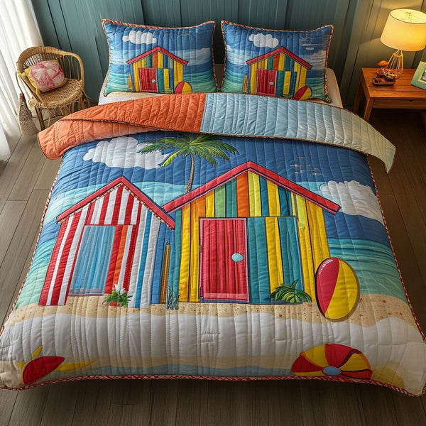 Beach Hut Haven quilted 3-piece bedding set on a made bed in a light coastal bedroom
