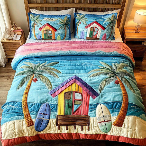 Beach Hut Oasis quilted 3-piece bedding set on a made bed in a light coastal bedroom