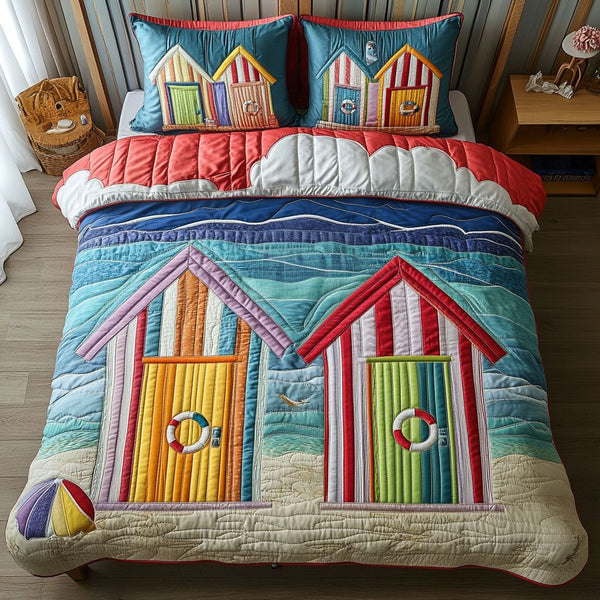 Beach Hut Retreat quilted 3-piece bedding set on a made bed in a light coastal bedroom
