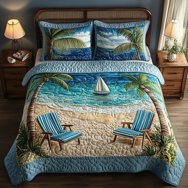 Beach Memories quilted 3-piece bedding set on a made bed in a light coastal bedroom